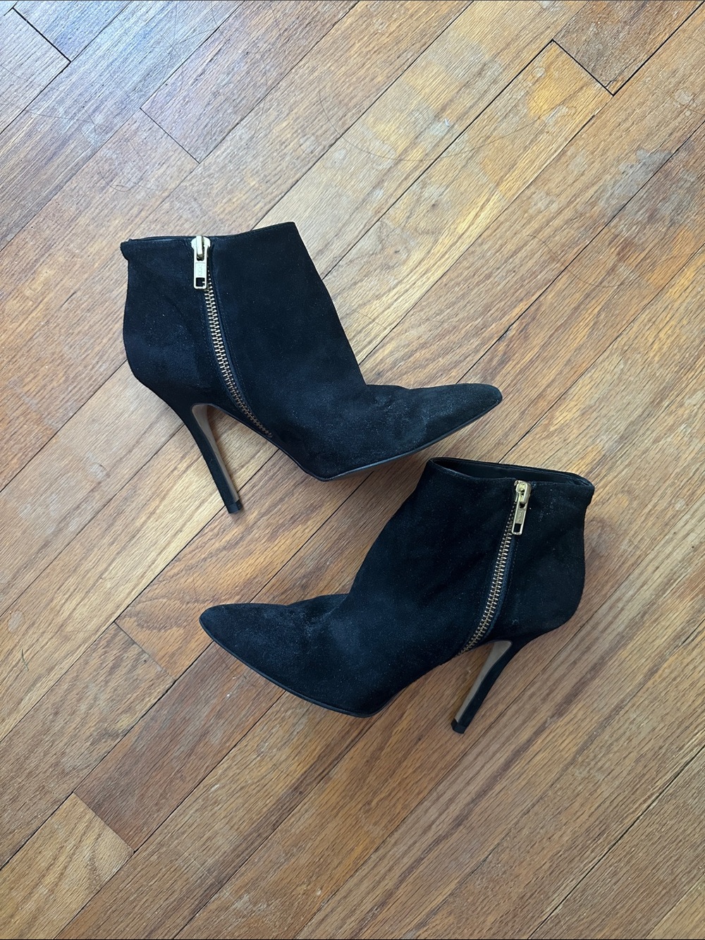 Topshop Black Suede Pointed Stiletto Ankle Booties with Gold Zipper